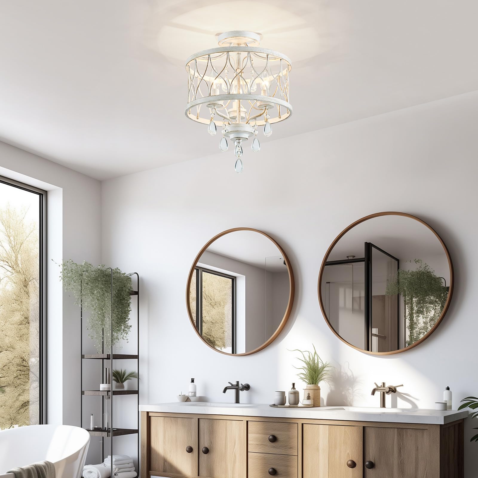 WUZUPS lámpara 3-luz vintage granja industrial Semi-Flush montaje lámpara de techo luminaria para vestíbulo dormitorio pasillo habitación de almacenamiento, H 40,6 x W 32,5, E14 Base, blanco antiguo
