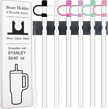 Stanley Cup Accessories, 6 Pack Clear Replacement Reuable Straws with Cleaning Brush,6 Pack Straw Cover Silicone Straw Topper for Stanley 30&40 oz Tumbler with Handle,1pc Straw Holder Black