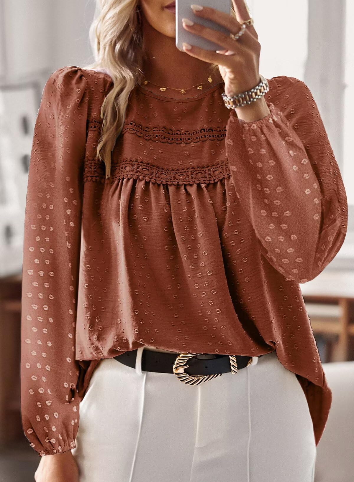 TUUHAW Camicia Donna Manica Lunga Autunno Boho Top con Scollo Rotondo Punto Svizzero Bluse Pizzo Elegante Maglietta Casual