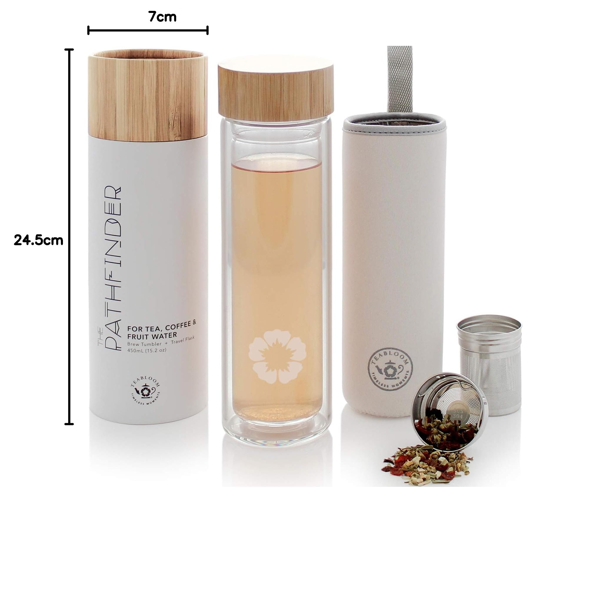 Teabloom Bottiglia Termica Multiuso – 0,45 L – Bambù Naturale e Vetro Temperato – Thermos da Viaggio – Borraccia per Tè, Caffè e Infusioni di Frutta – Pathfinder