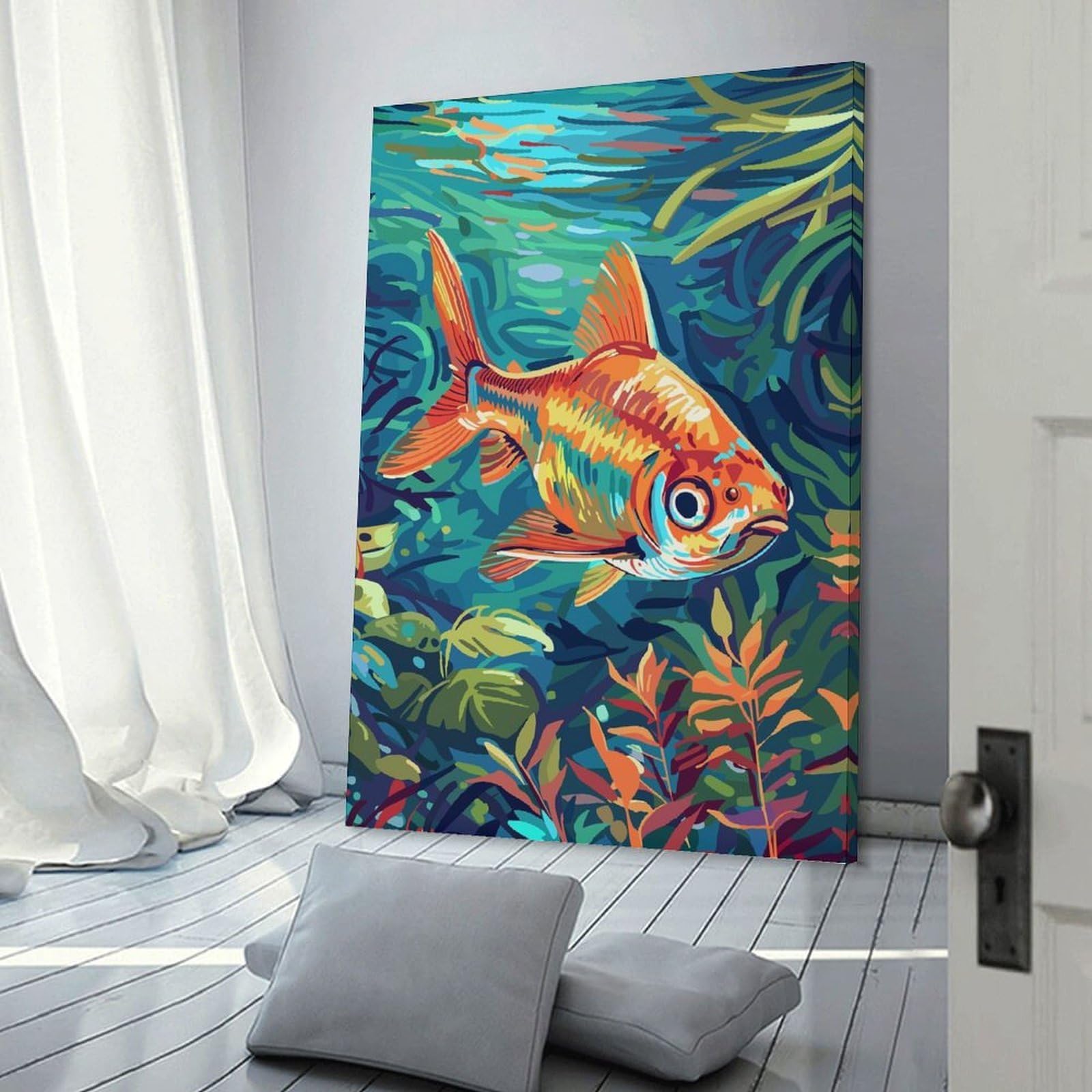 Junmoney Frame-Style-18 Goldfish In Aquatic Plants Hanging Wall Art, 16X24inch(40X60cm), For Gallery Wall Decor And Room Displays, Home Wall Art For Statement Displays