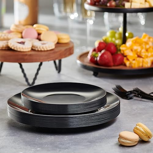 Miniatura 4 de Plasticpro Juego de platos combinados de 64 piezas, platos negros de 32-7 pulgadas y 32-10 pulgadas con borde plateado, vajilla elegante de alta