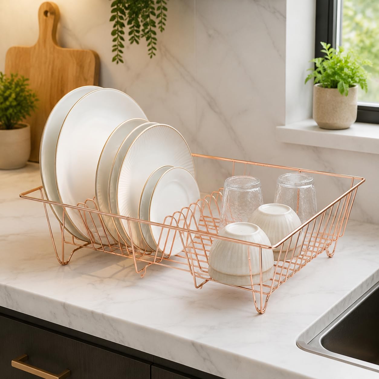 RHMM Kitchen Copper Dish Drainer Rack Premium Easy-Clean Countertop Organizer for Plates, Bowls & Cups, Rust-Resistant, Durable Kitchen Drying Rack