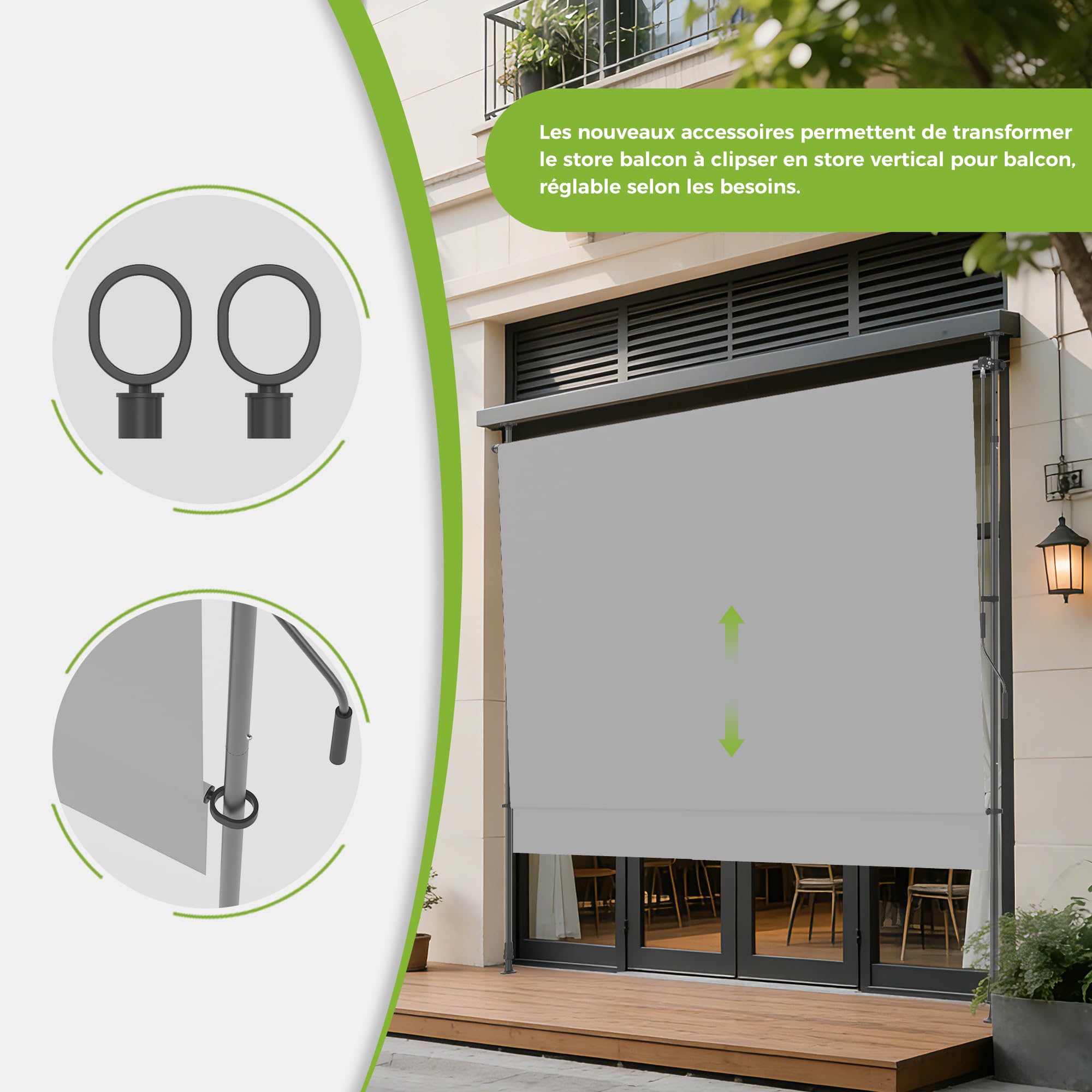BelleMax Store Balcon sans percage,Store Banne Pliant 2-in-1,Protection UV et imperméable, réglable en Hauteur, Gris 300 cm x (125 + 25 cm)