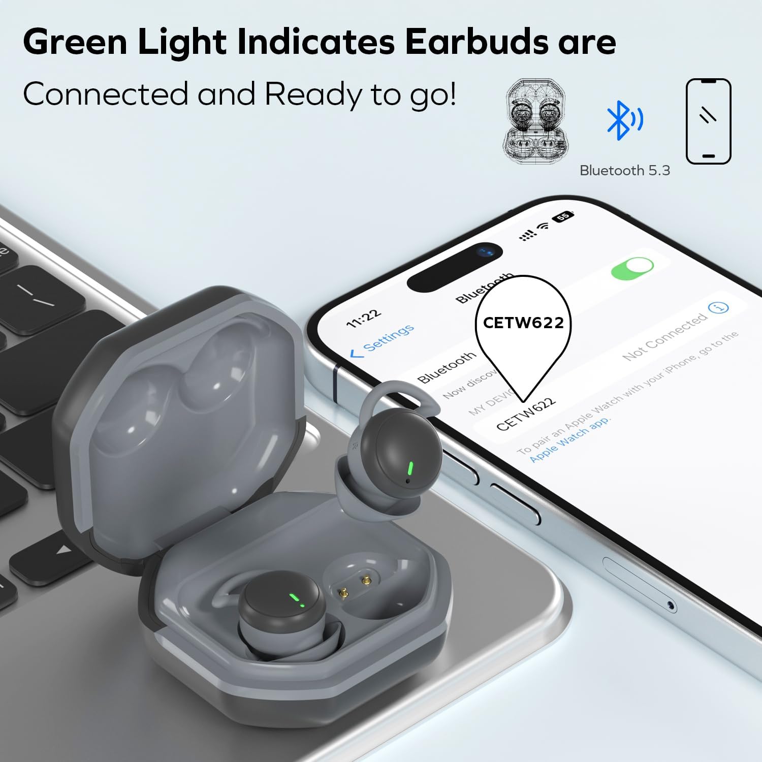 Coby Sleep Earbuds in charging case next to a smartphone displaying Bluetooth settings with 'CETW622' selected.