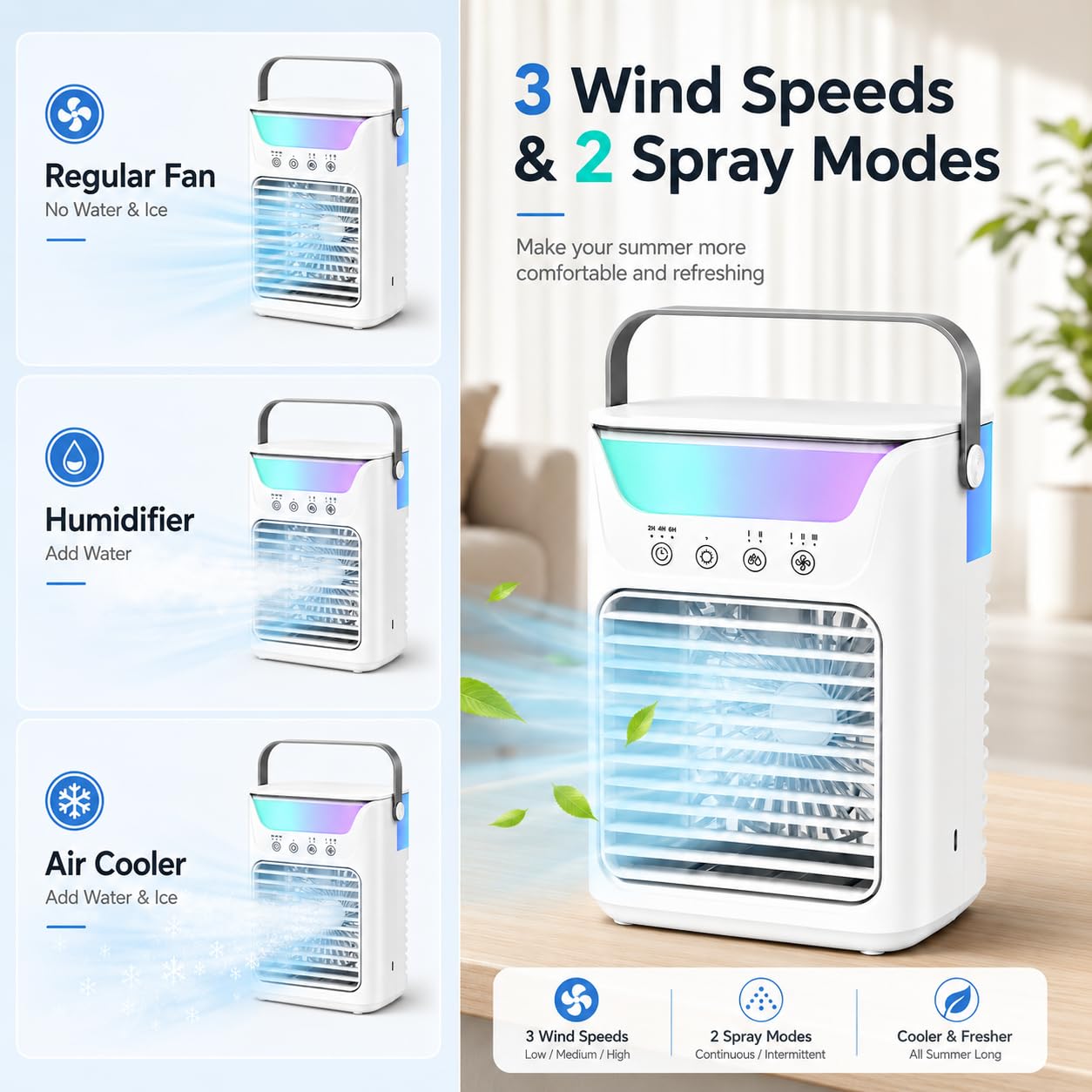 Aire acondicionado portátil, ventilador de hielo portátil 4 en 1 actualizado 2026 con 3 velocidades y 2 niebla fría ultrasilencioso, 3 temporizadores y 7 luces, ventilador evaporativo para habitación