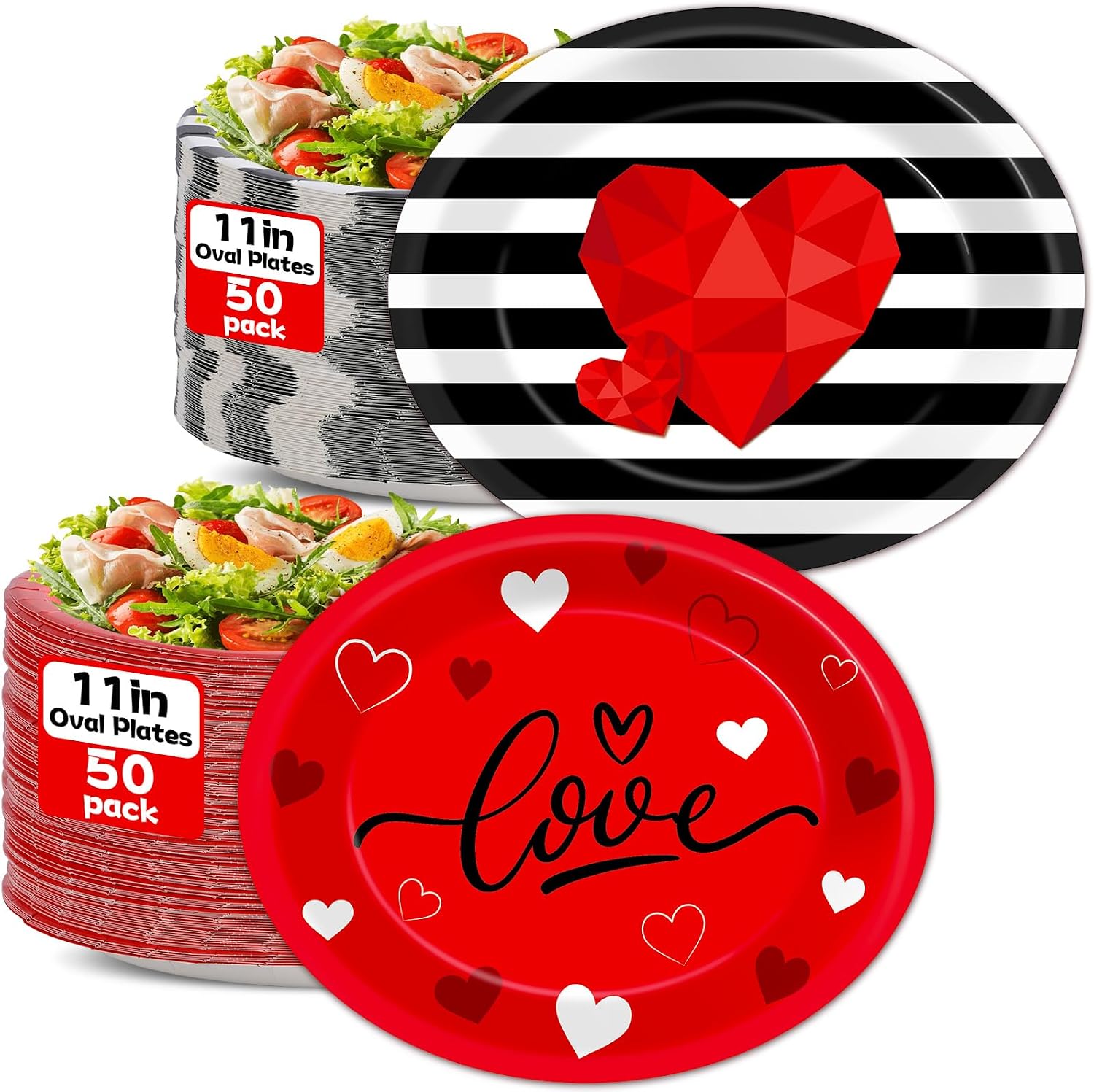100PCS Valentines Day Oval Paper Plates Valentines Red Love Heart Disposable Tableware black white Striped Oval Plates Valentine Dinnerware Dish Trays for Wedding Anniversary Gatherings Party Supplies