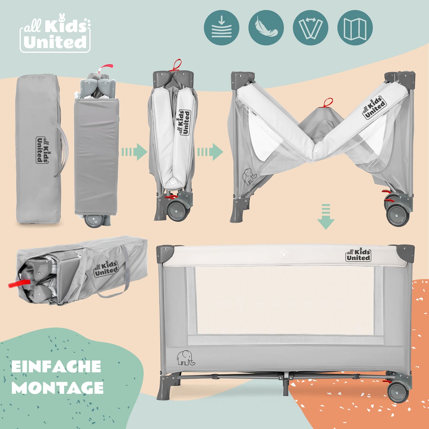 all Kids United Baby Reisebett Babybett mit Matratze, Wickelauflage, Musikspiel und Mobile Grau