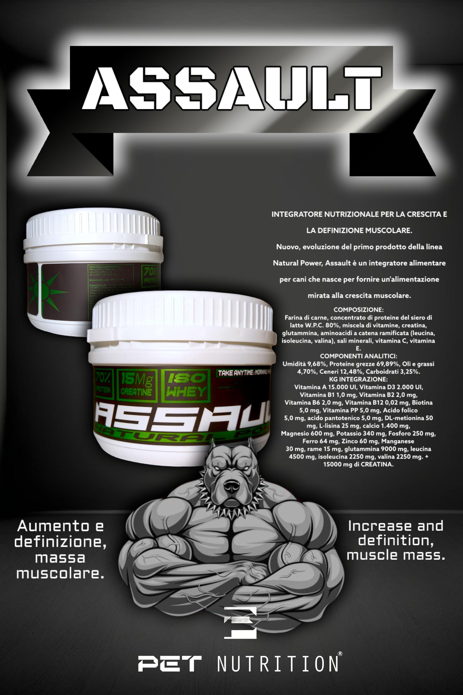 Assault Natural Powder 125 Suplemento muscular para perros con proteínas del suero W.P.C. 80%, aminoácidos, creatina 15.000 mg, B.C.A.A., para crecimiento y definición muscular