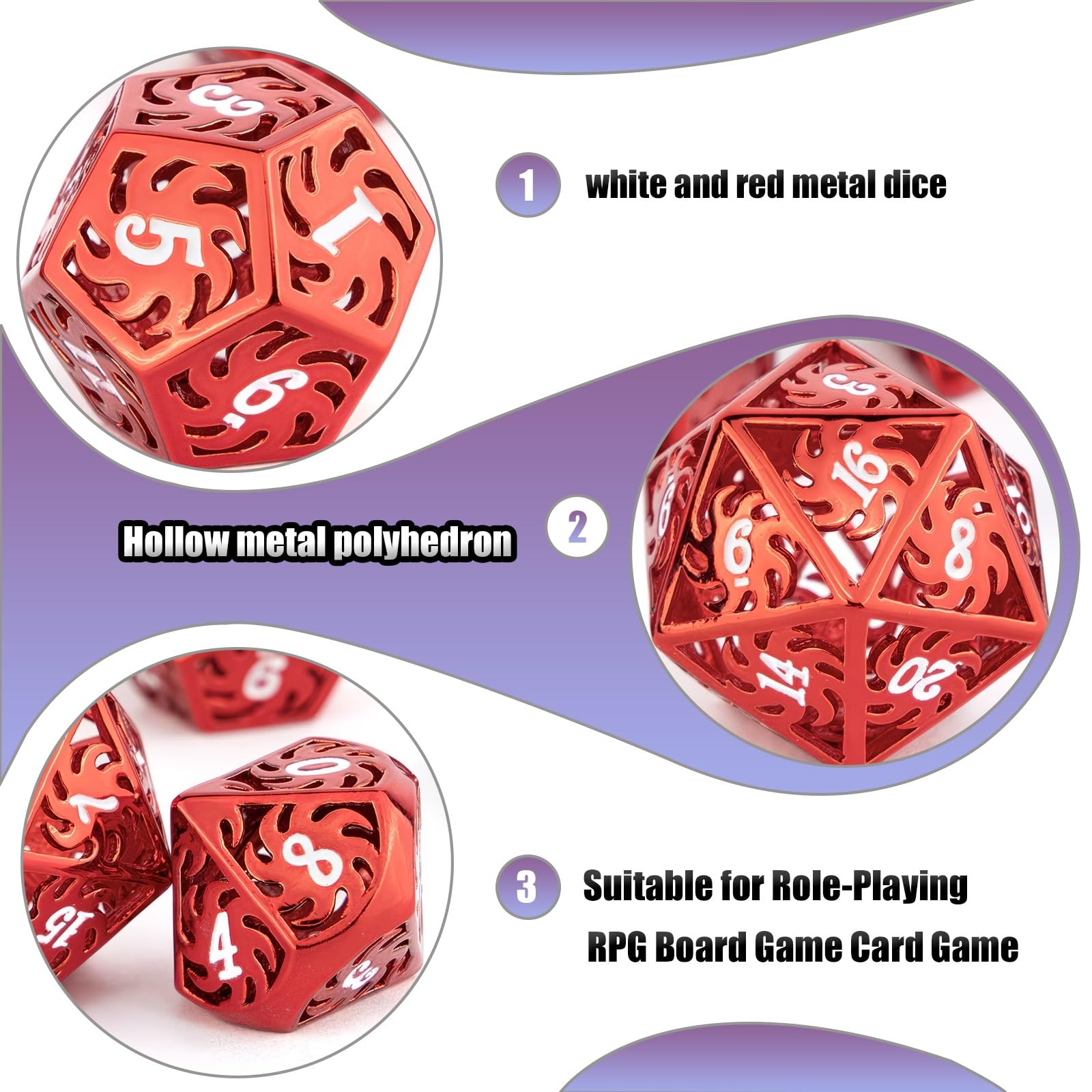 7 Dés en Métal Blanc et Rouge, Polyèdres Creux, Compatibles avec Les Jeux de Rôle, de Plateau et de Cartes