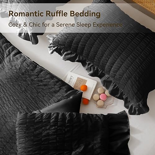 Miniatura 237 de JOLLYVOGUE - Juego de edredón tamaño queen, de 3 piezas, estilo seersucker, ligero y esponjoso para todas las estaciones, con 1 edredón con volantes