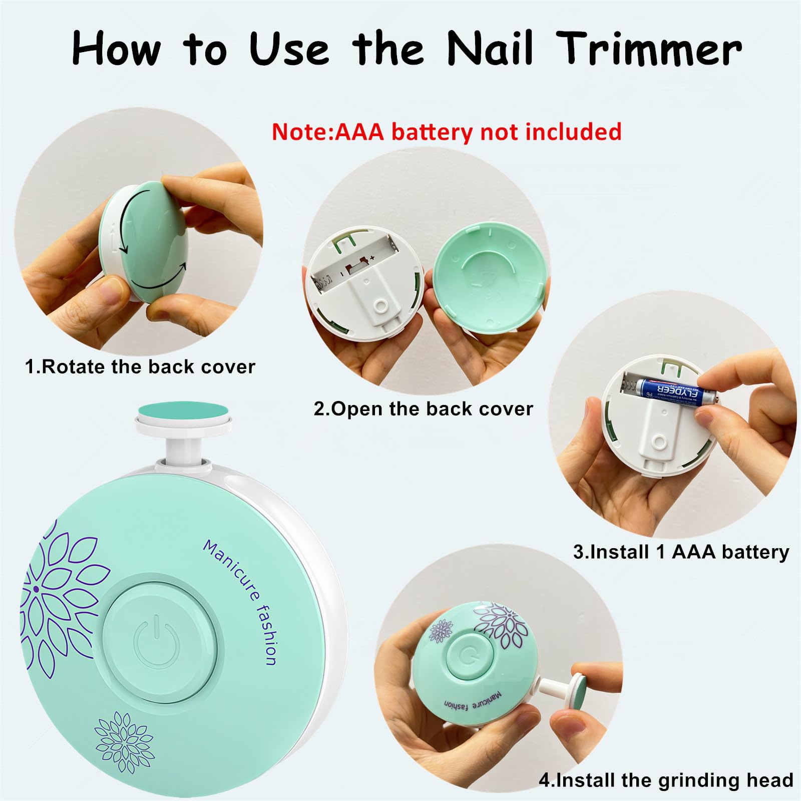 Lima eléctrica de uñas para bebé, cortaúñas para bebé, 6 cabezales de molienda, seguro, fácil y silencioso, kit de cuidado de uñas para recién nacidos, niños y adultos, funciona con pilas (no