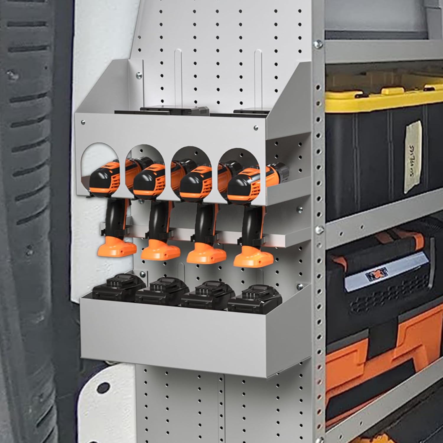 AA Products P-SH-Power Tool Organizer Wall Mount Designed for 16''D Van Shelving Storage, Three Layer 16" W Steel Power Tool Charging Station Organizer