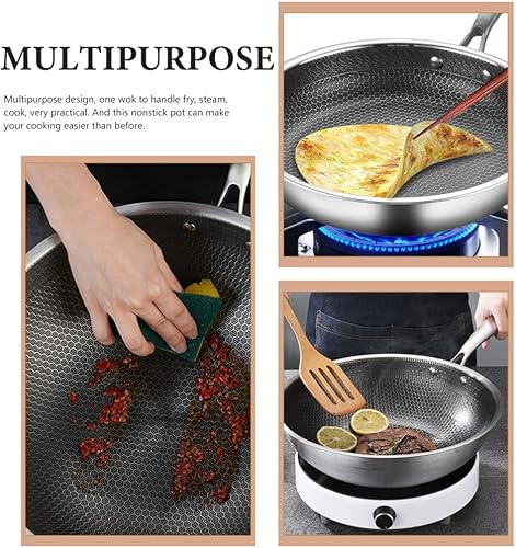 Miniatura 7 de DOITOOL Sartén de acero inoxidable antiadherente Wok tradicional, resistente al desgaste, fácil de limpiar, cocina versátil