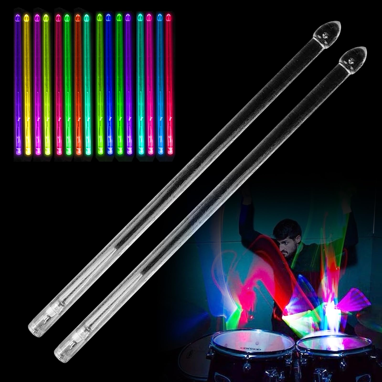 Bacchette per Batteria Ricaricabili a LED, 15 Colori Bacchette per Batteria Illuminate, Bacchette Luminose da 5 A, Bacchette Illuminate, per Percussioni e Strumenti Musicali (1 Paio)