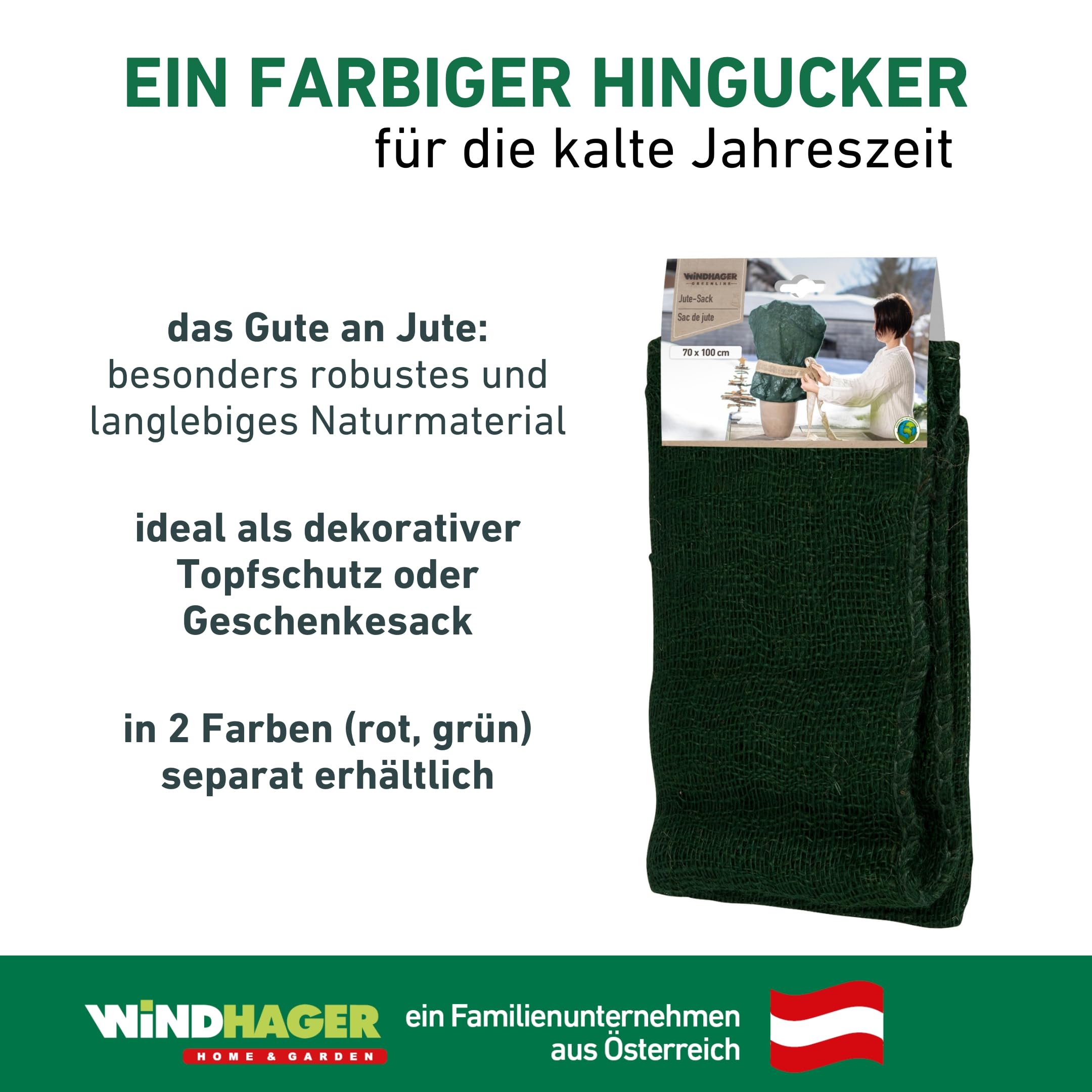 Windhager Ekologiczna juta, materiał, worek na ziemniaki, worek dekoracyjny, wielofunkcyjny worek jutowy, ochrona przed zimą, do roślin doniczkowych i doniczkowych, zielony, 70 x 100 cm, 06071