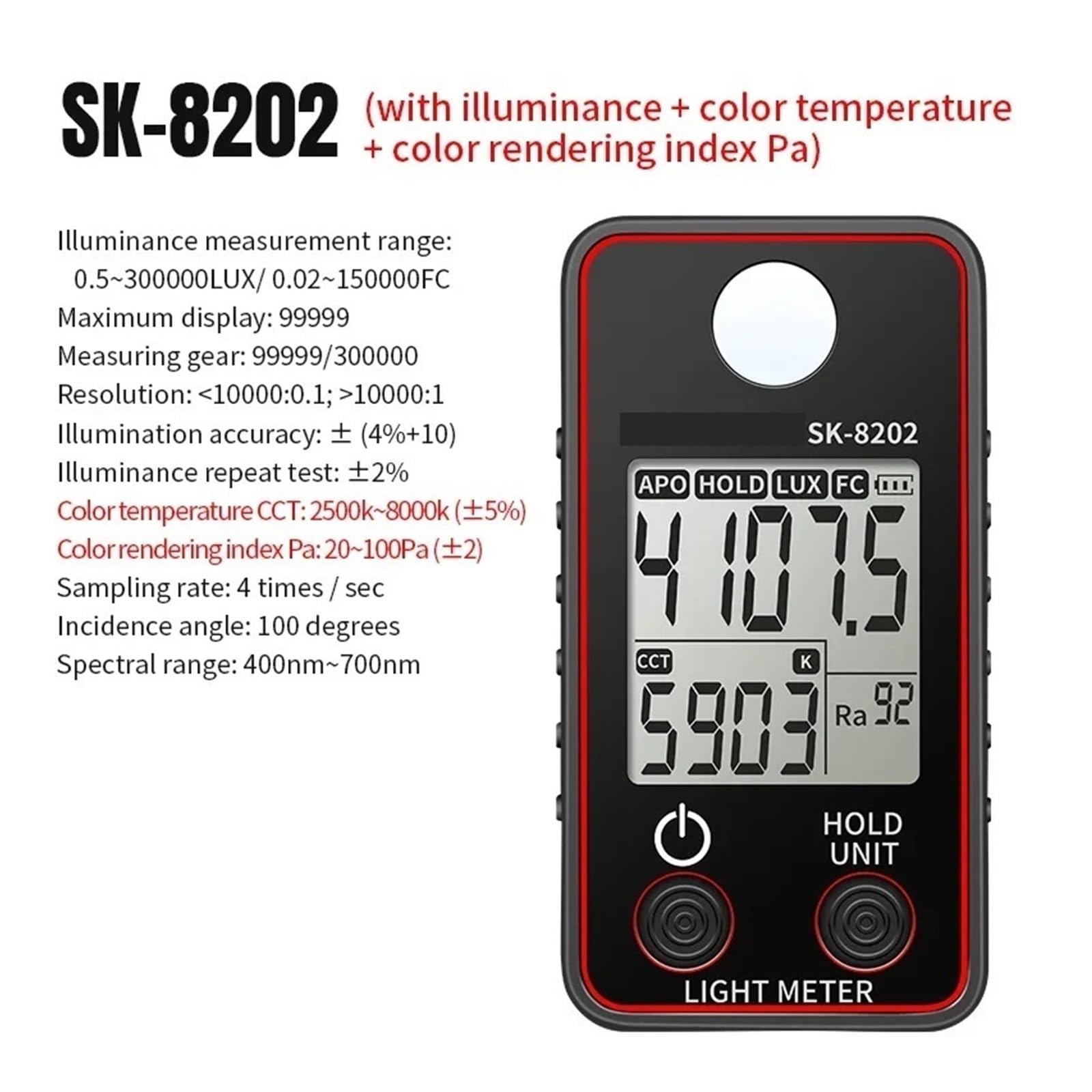Medidor de luz, Medidor de iluminancia Digital portátil Fotómetro fotómetro 0,5 a 300 000 Lux/FC(SK-8202)