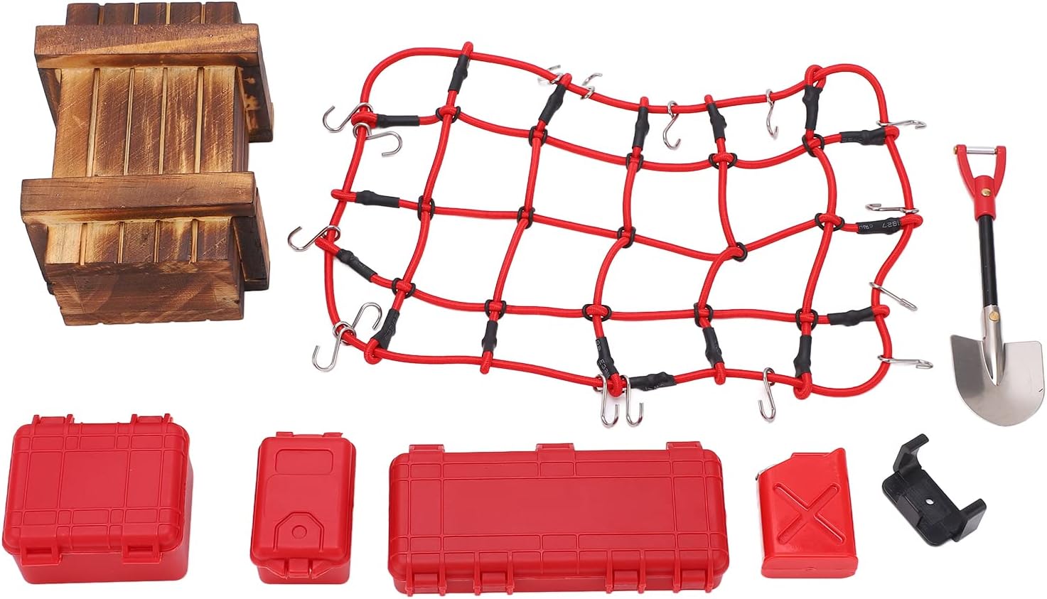 1/10 RC Car Simulated Decoration Tools Suitcase Luggage Net Shovel Set Premium Plastic Wood Aluminum Alloy Accessories for SCX10 90046 90047 Climbing Car (Red)