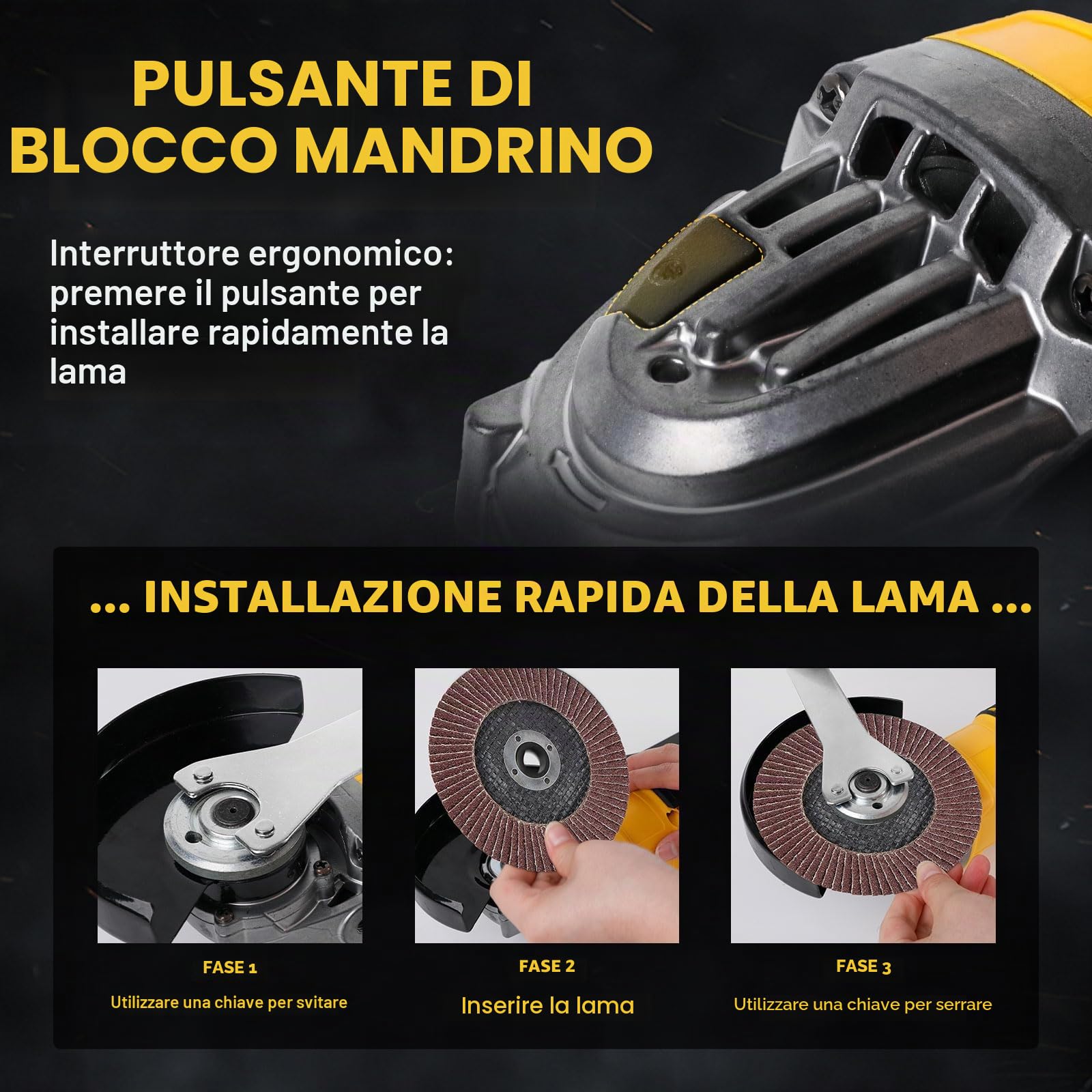 Smerigliatrice angolare senza fili per Dewalt batteria 18 V/20 V (senza batteria), 10000 giri/min, smerigliatrice senza spazzole con lame da 125 mm per taglio, rettifica, lucidatura (3 accessori)