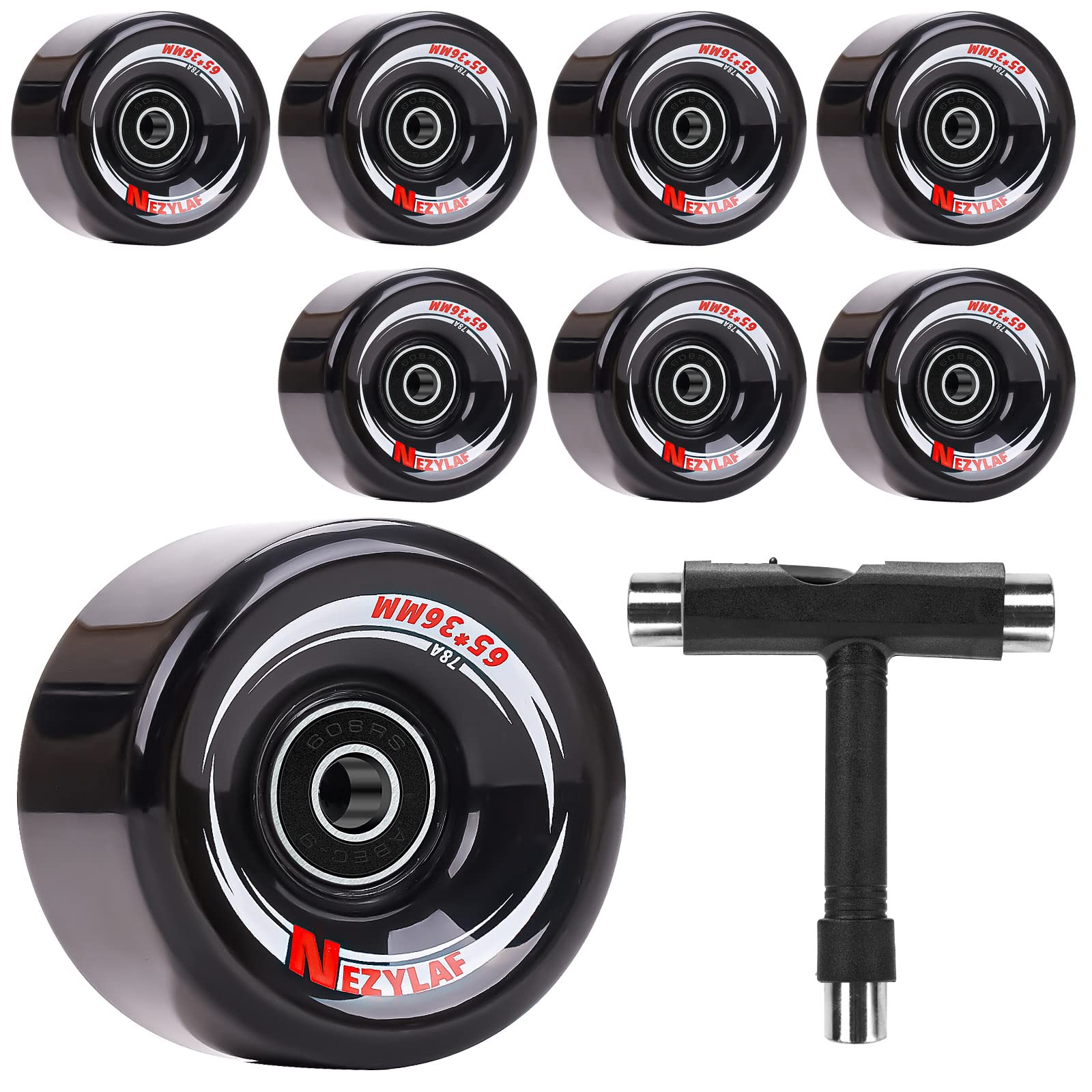 Nezylaf 8 Pack 32 x 58mm, 82A Quad Roller Skate Wheels with Multi-Function Portable Skateboard T Tool for Double Row Skating,Replacment Accessories Suitable for Outdoor or Indoor