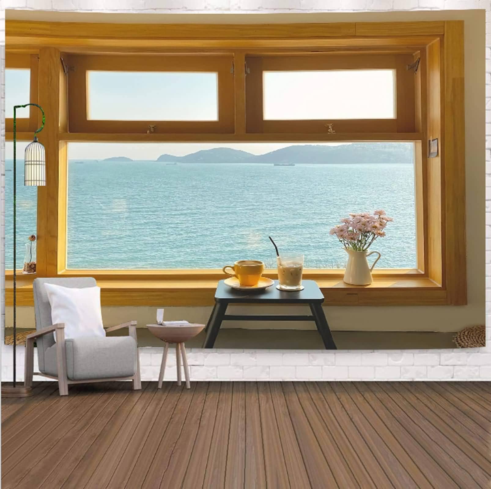Mesnt Tapiz para colgar en la pared, diseño de ventana al océano, para sala de estar, decoración del hogar, marrón, 230 x 180 cm