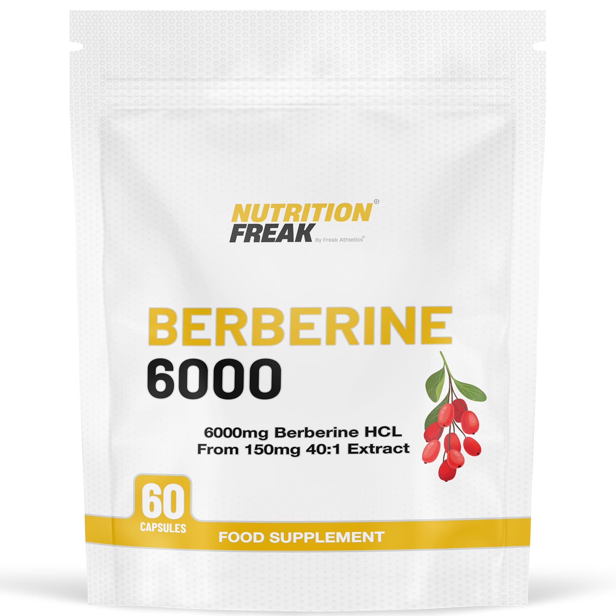 Nutrition Freak Berberine HCL 6000 mg - 60 Vegan Capsules, 40:1 150 mg Berberine Hydrochloride for Glucose Metabolism, Gut & Heart Health Support, High Strength, UK-Made Premium Supplement