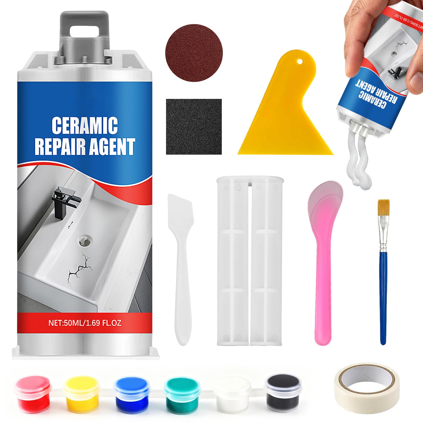 Juego de Reparación de Esmalte 50 ml,Kit Reparacion Baldosas, Adecuado para Grietas, Agujeros y Arañazos en Azulejos, Lavabos, Bañeras y Mármol