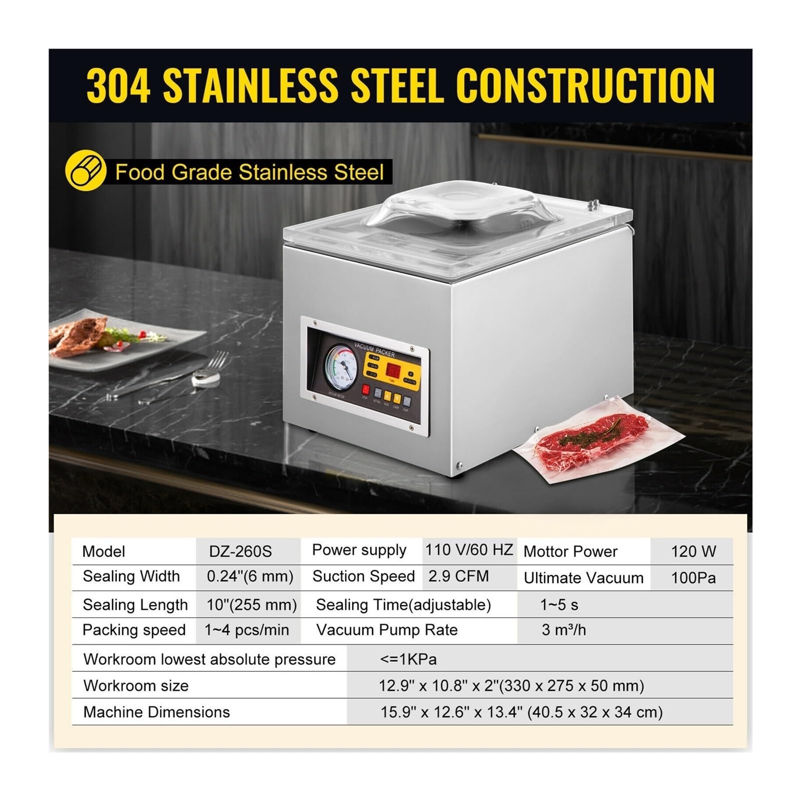 DZ-260S - Machine d'emballage sous vide alimentaire, scelleuse sous vide de cuisine, conserver la viande dans des sacs