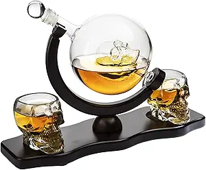 Skull Skeleton Wine & Whiskey Globe Decanter Set - 850 mL With 2 Skull Head 3oz Skeletons Shot Glasses + Mahogany Wooden Base, Goth Spooky Drinking Glassware