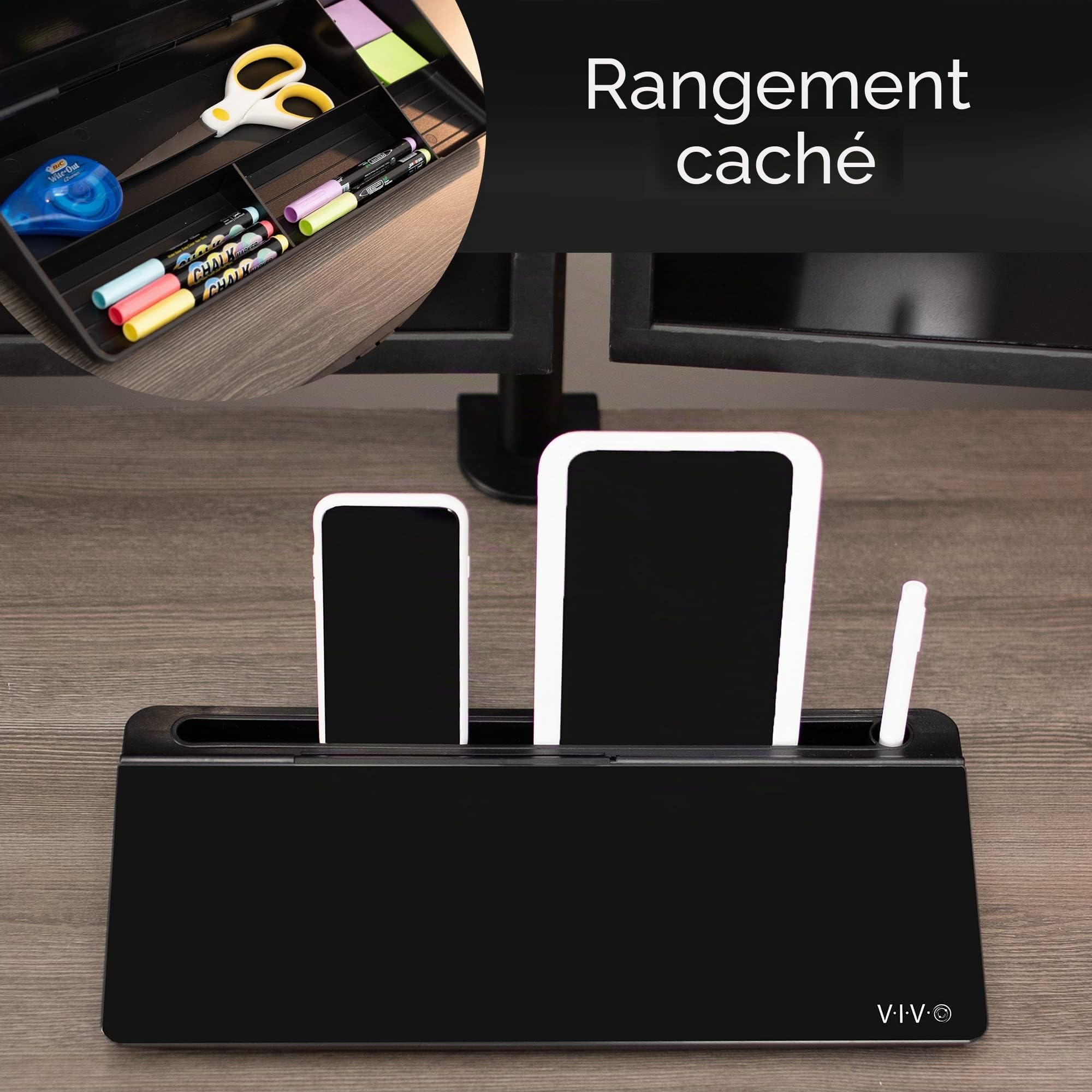 Vivo DESK-WB16B Tableau en verre effaçable à sec avec espace de rangement, compartiments cachés et fente pour appareil, noir, 40 x 18 cm