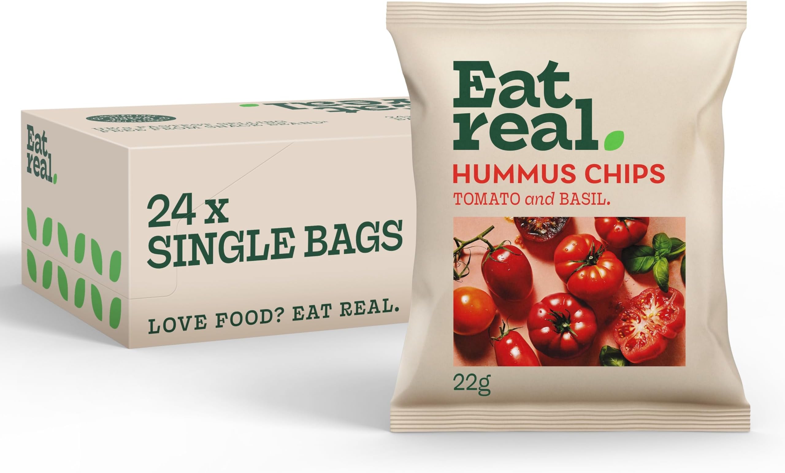 Hummus Chips, Tomato and Basil, 24 X 22g, Gluten-Free Crisps Multipack, Vegan-Friendly, Healthy Snacks, Plant-Based