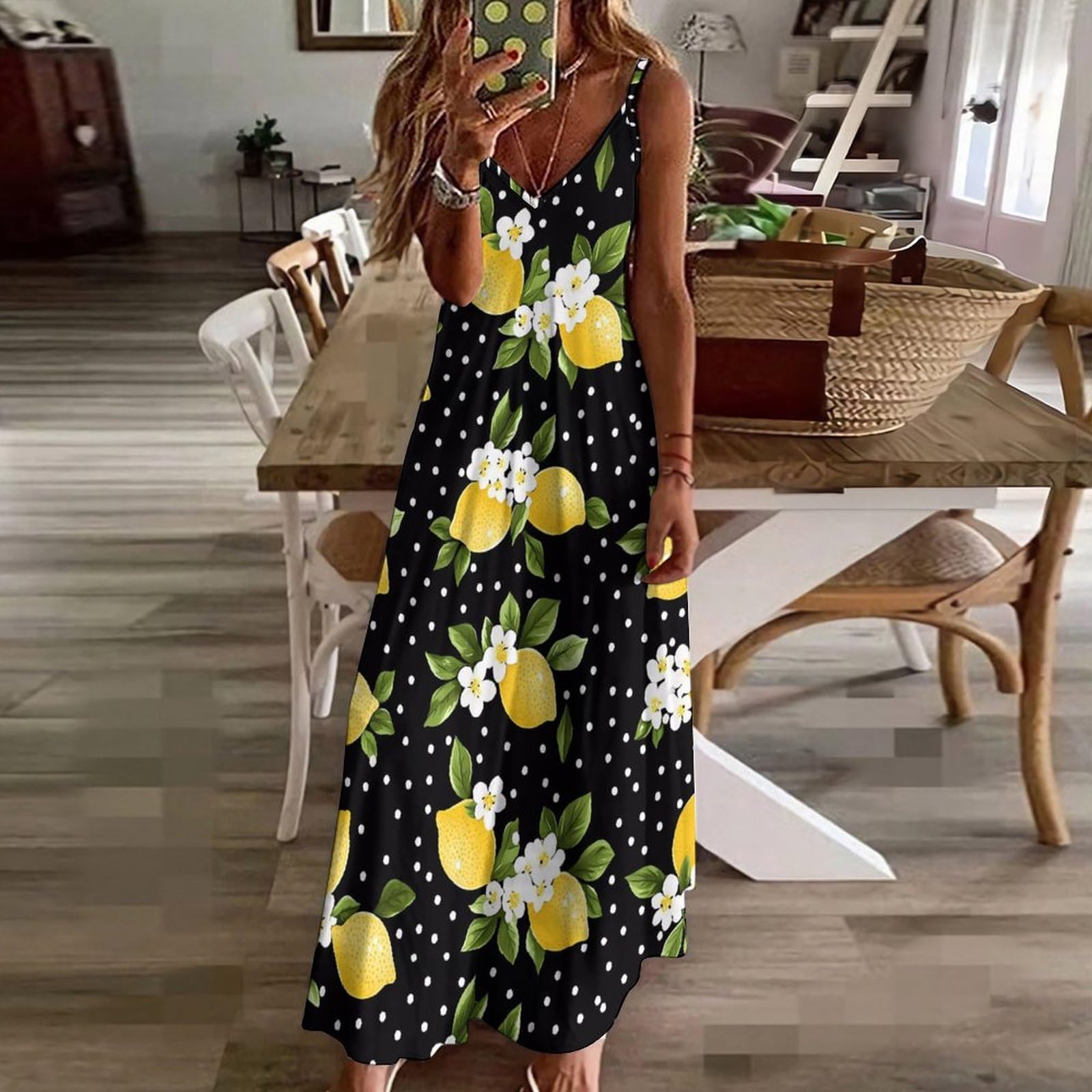 Vestido casual de verano con estampado de lunares y flores de limón para mujer, vestido largo de espagueti ajustable, largo hasta el tobillo con volantes