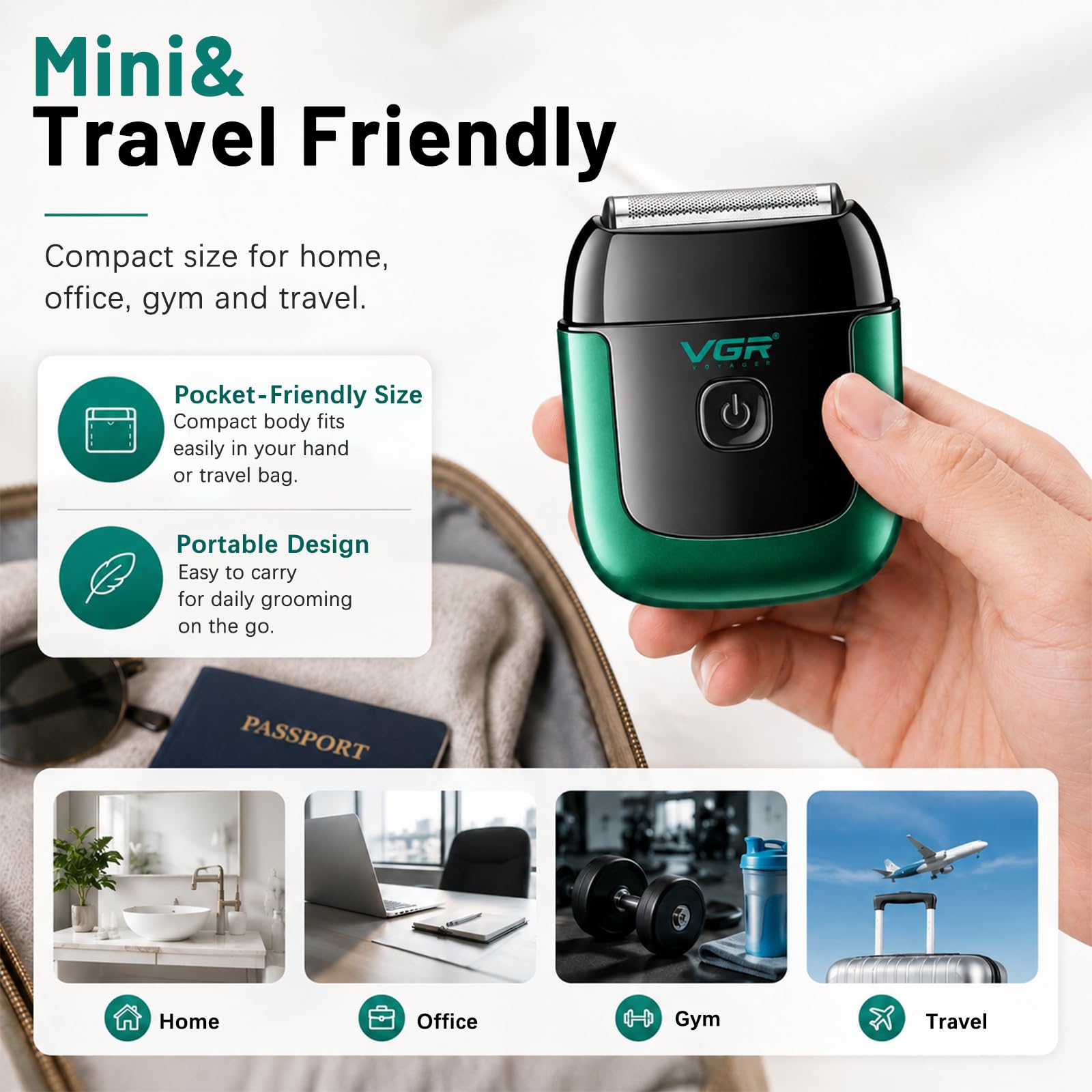 VGR 380 Rasoio elettrico portatile Mini con lamine flessibili, impermeabile IPX6, ricaricabile tramite USB, con display a LED e blocco di sicurezza per il viaggio,verde
