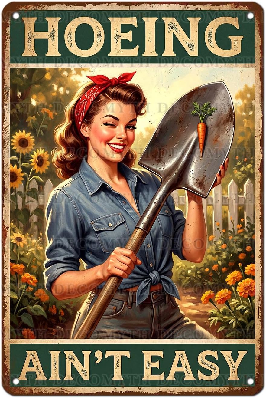 Garden Signs for Outside Hoeing Ain't Easy Garden Sign Red Bandana Girl Metal Tin Plaque Funny Retro Sunflower Wall Art Decor for Yard Backyard Farmhouse Patio Lawn 12 * 8inch