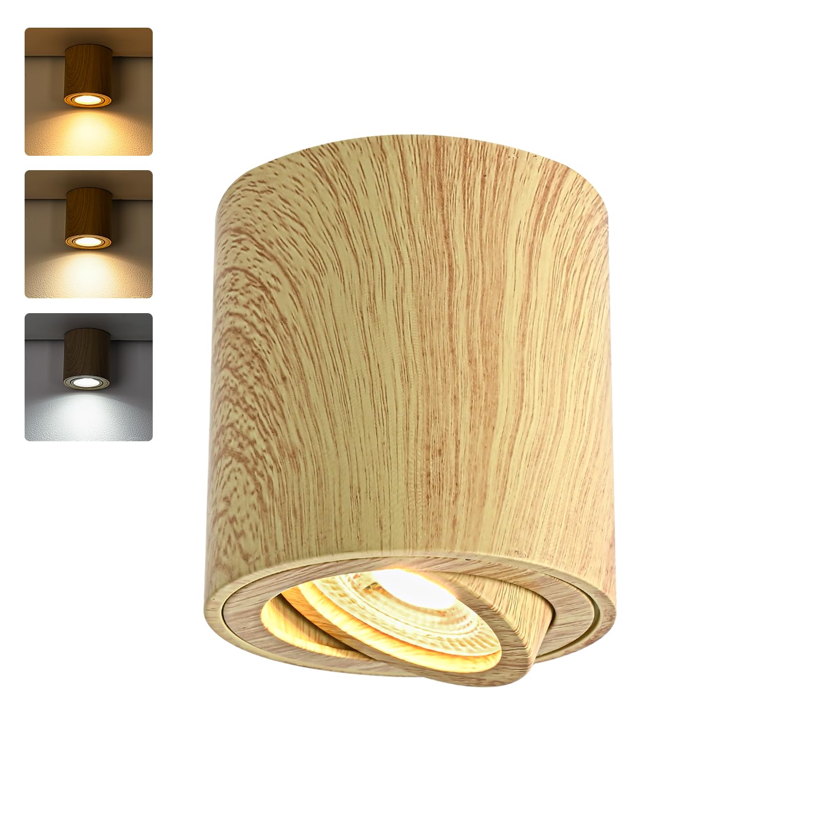Gleonlux LED Deckenspot Aufbauspot Holz Dimmbar Vintage, Aufbaustrahler Schwenkbar mit GU10 Fassung, LED Spots 230V 5W CCT 3000K/4000K/6000K, Aufputz spots Deckenstrahler aus Aluminium Downlight