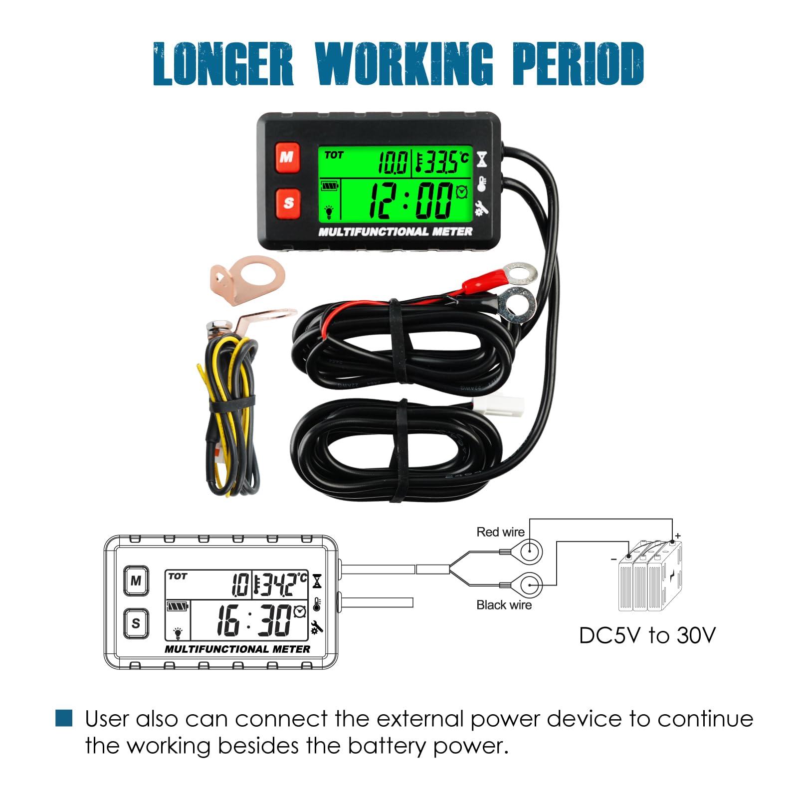 Runleader Compteur de température du moteur Digital, Compteur de tours/heure, Remplacement de la batterie et Alimentation externe DC5V à 30V pour moteur à essence, tracteur de jardin, générateur
