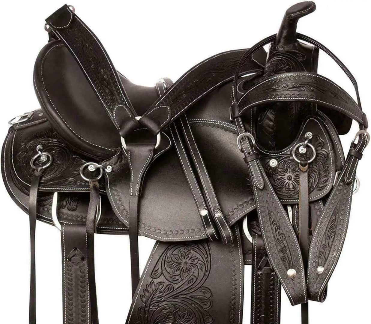 Leather Western Saddles Combo Tack Set | Barrel Racing Horse Saddle | Black Floral Tooled Leather English Saddle | Western Saddle for Horse | Lightweight Equestrian Horse Tack Set
