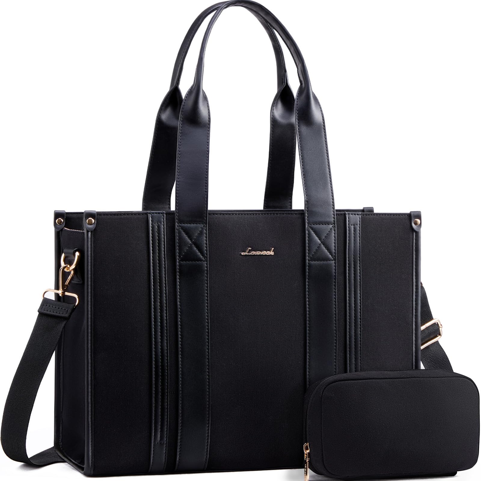 LOVEVOOK laptop bag for women 15.6 inch large Lightweight canvas work tote bags with Clutch Purse water resistant computer bags for laptops for women Business Office Travel college Casual, black