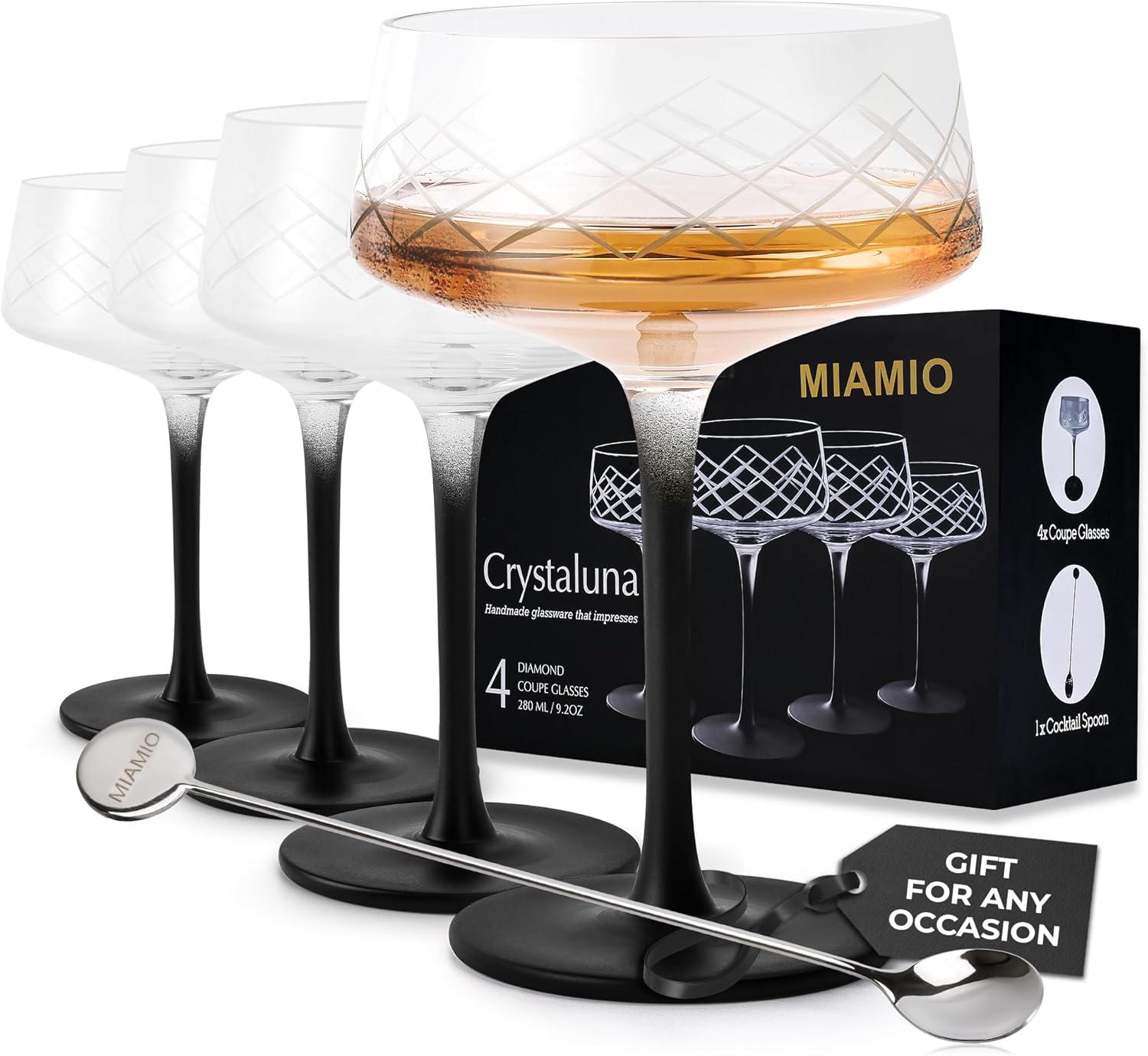 MIAMIO – 9.5 Oz Coupe Glasses Set of 4 with Bar Spoon, Handblown Crystal Cocktail Glasses with Black Stem, Cocktail Glasses, Vodka Martini Glasses, Champagne Coupe Glasses – Crystaluna Collection