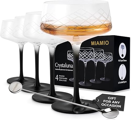 Miniatura 7 de MIAMIO Copas de vino de cristal premium, juego de 4 con tallo largo negro Colección Crystaluna (vino tinto)