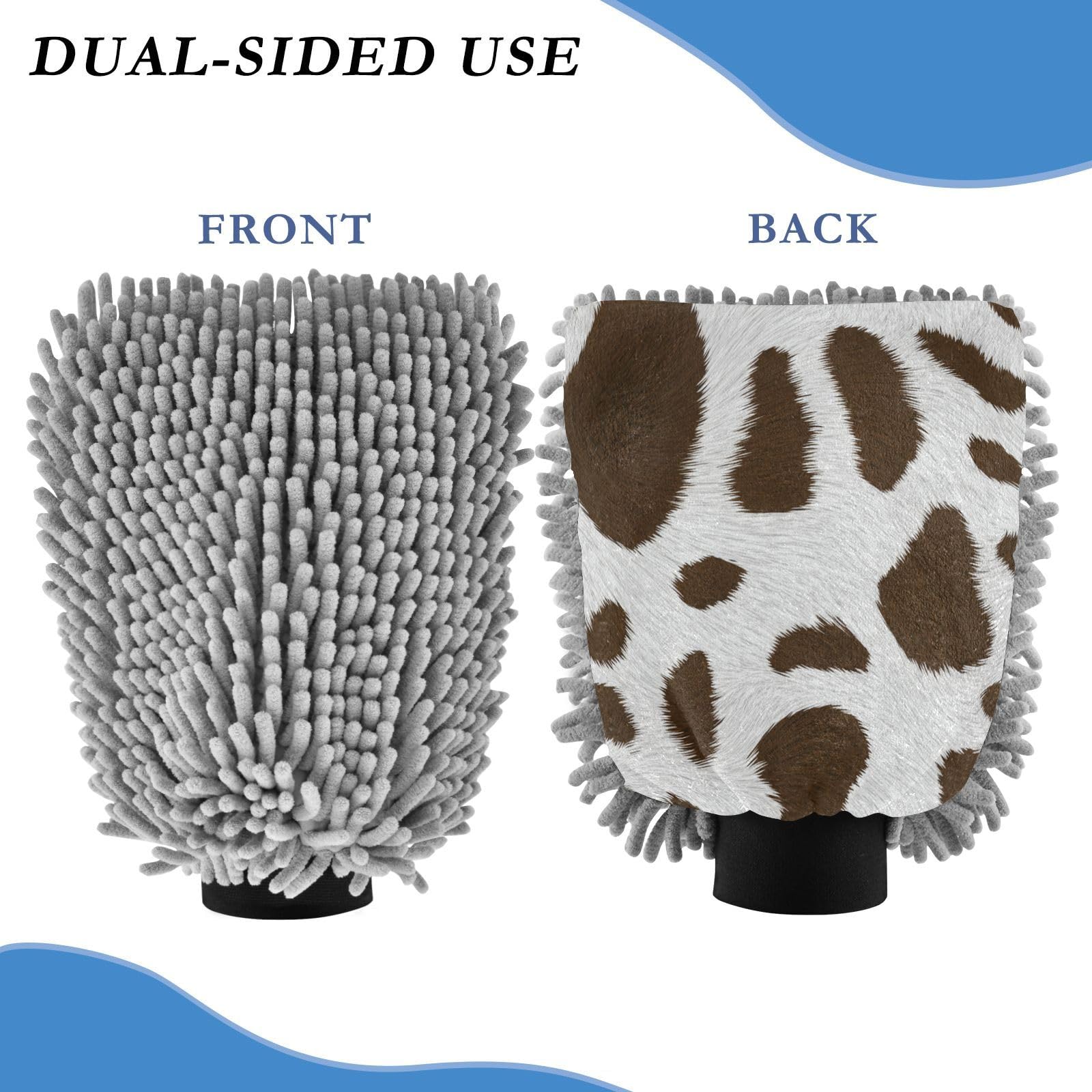STAYTOP Cow Texture Pattern Car Wash Mitt Microfiber, 2Pcs Scratch Free Lint-Free, Premium Chenille Microfiber Mitt Car Wash Brush-L