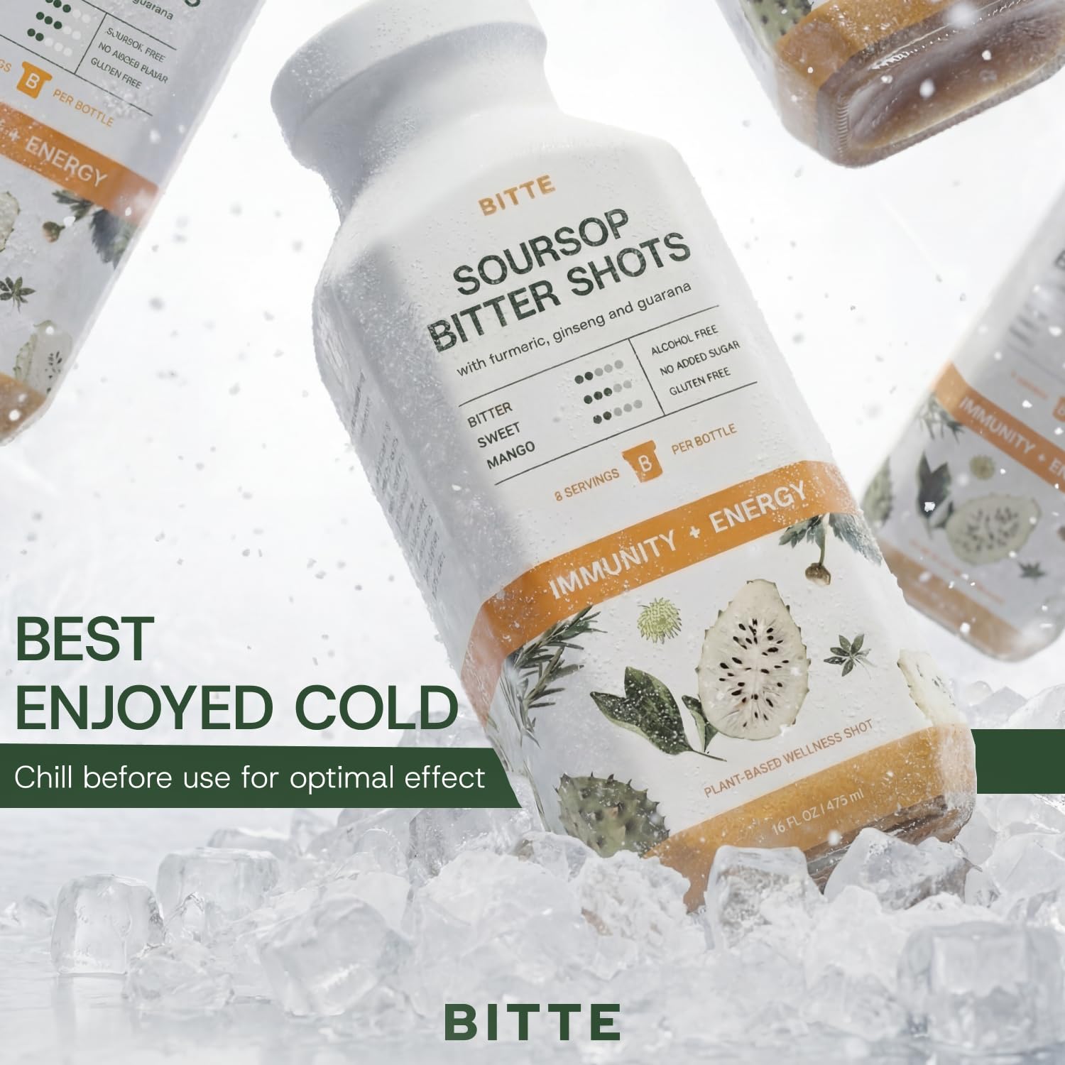 BITTE Soursop Bitters Liquid – Immune + Energy Shots – 3 Pack Ready to Drink Mango Soursop Juice with Zinc, Ginseng, Guarana & Turmeric – for Herbal Drink & Juice Lovers – 48 fl oz Total (24 Servings)