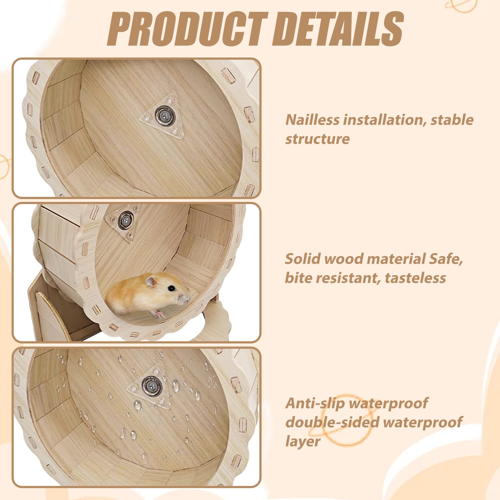 Rueda de madera de 23 cm para hámsteres y mascotas pequeñas, silenciosa rueda de madera para hámsters enanos, jerbos, ratones, juguetes para animales pequeños