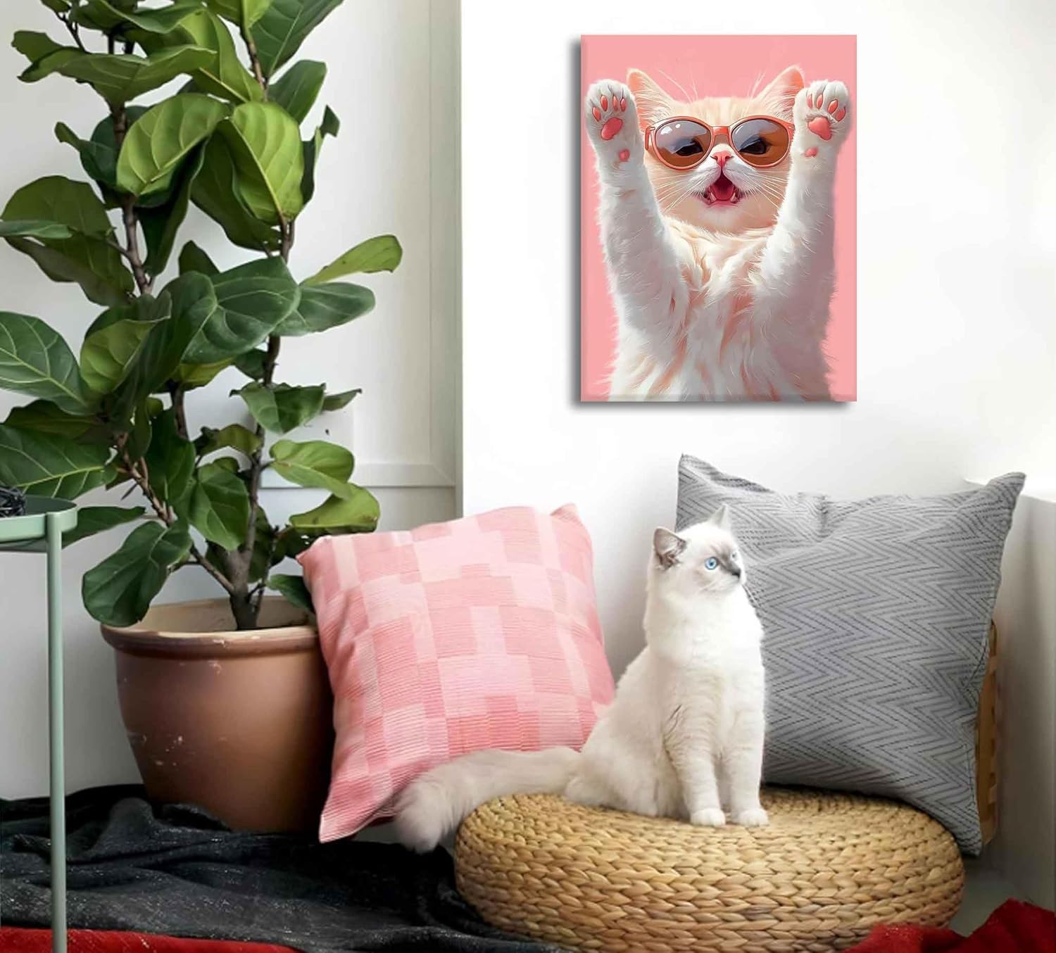 Funny Cat Canvas Wall Art Pink Girls Room Wall Decor Picture Cute Cat Poster Prints for Bedroom Living Room Kitchen Bathroom Home Decoration 16x24in