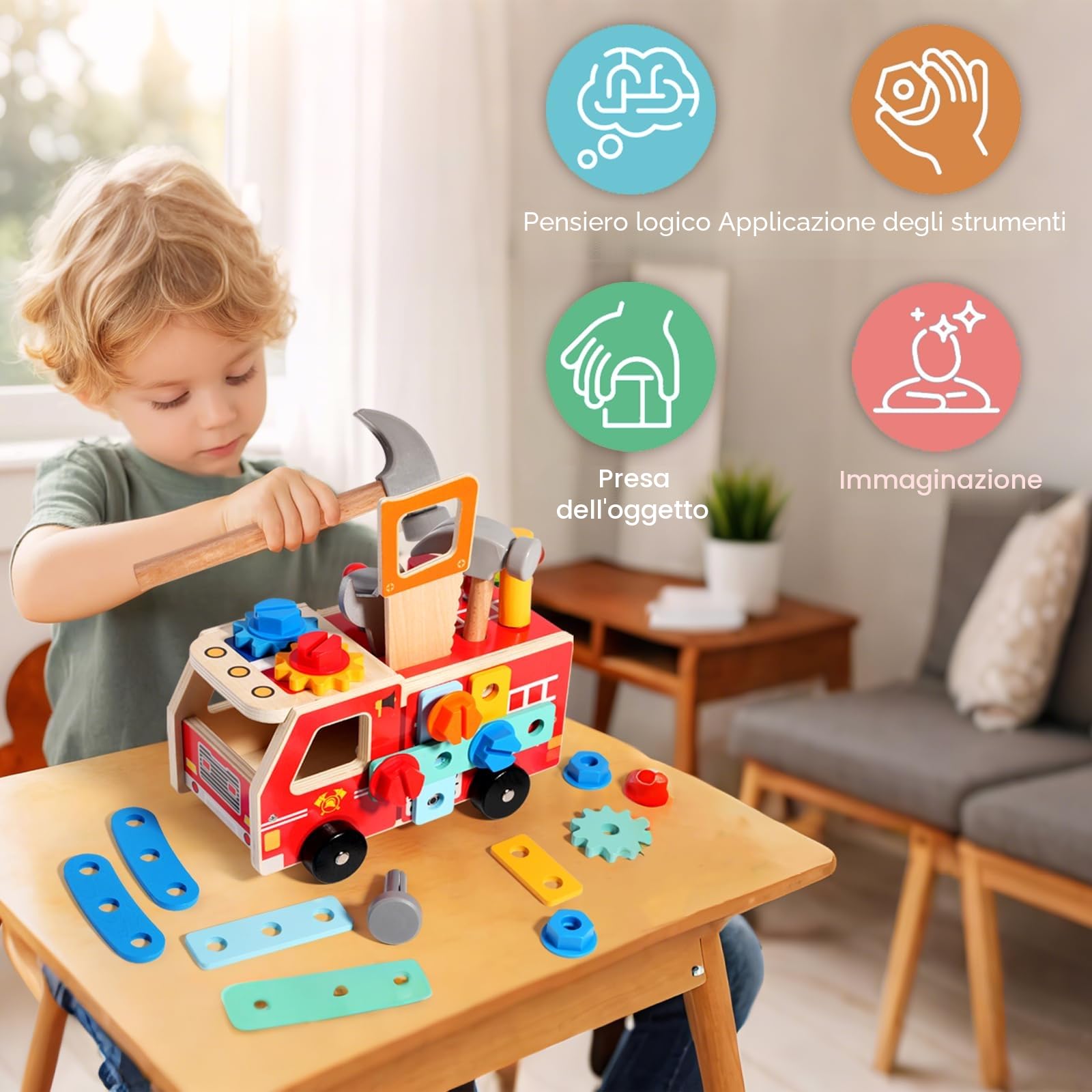 Giocattoli Montessori per Bambini di 2 3 4 Anni,Cassetta degli Attrezzi in Legno in Stile Auto,Sviluppa Le capacità motorie Fini,migliora la creatività,Regalo di Compleanno per Bambini