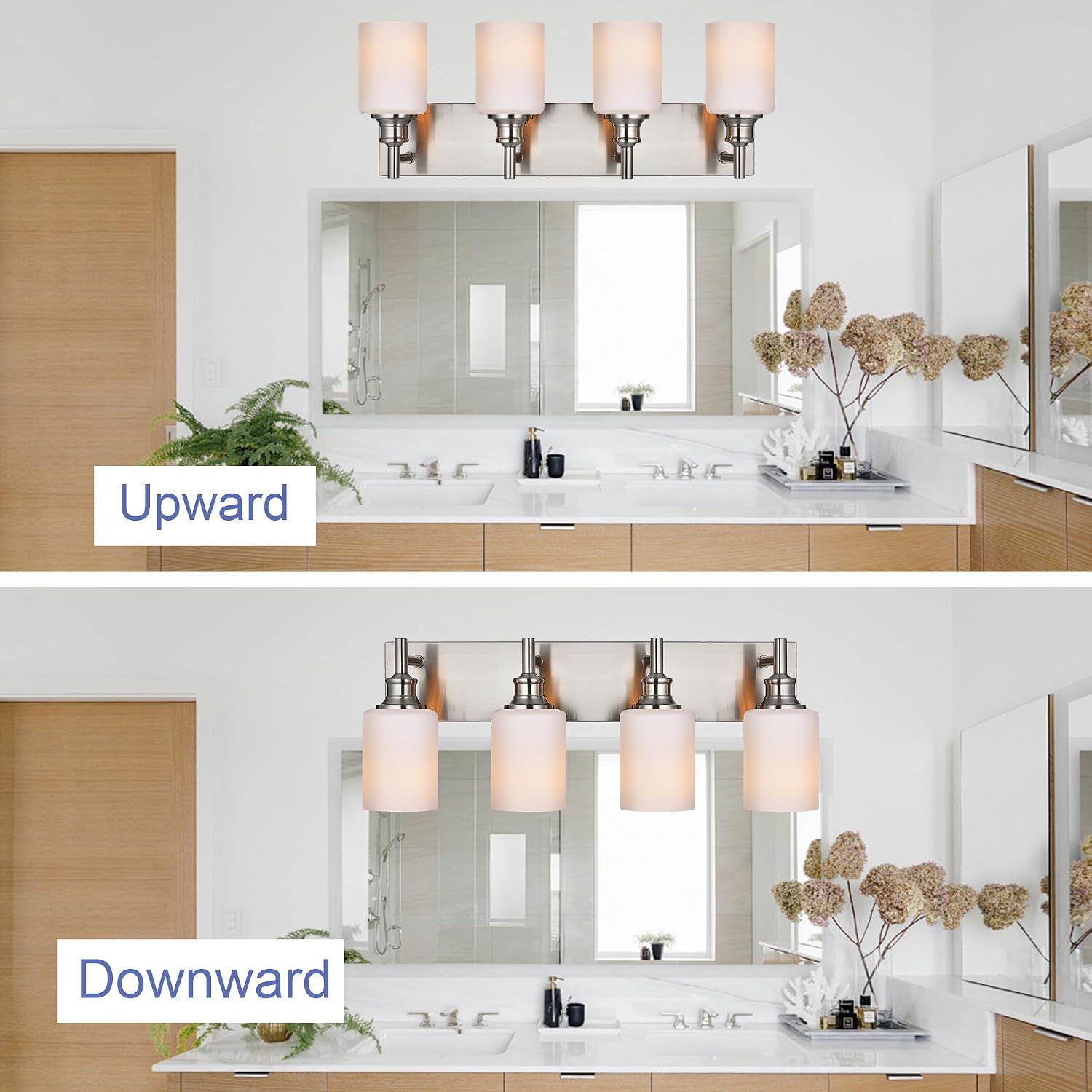 Brushed Nickel Bathroom Lighting Fixtures Over Mirror 4 Light Bathroom Vanity Light with Opal White Glass Shade, Modern Wall Sconces Lighting Vanity Fixtures for Bedroom Living Room