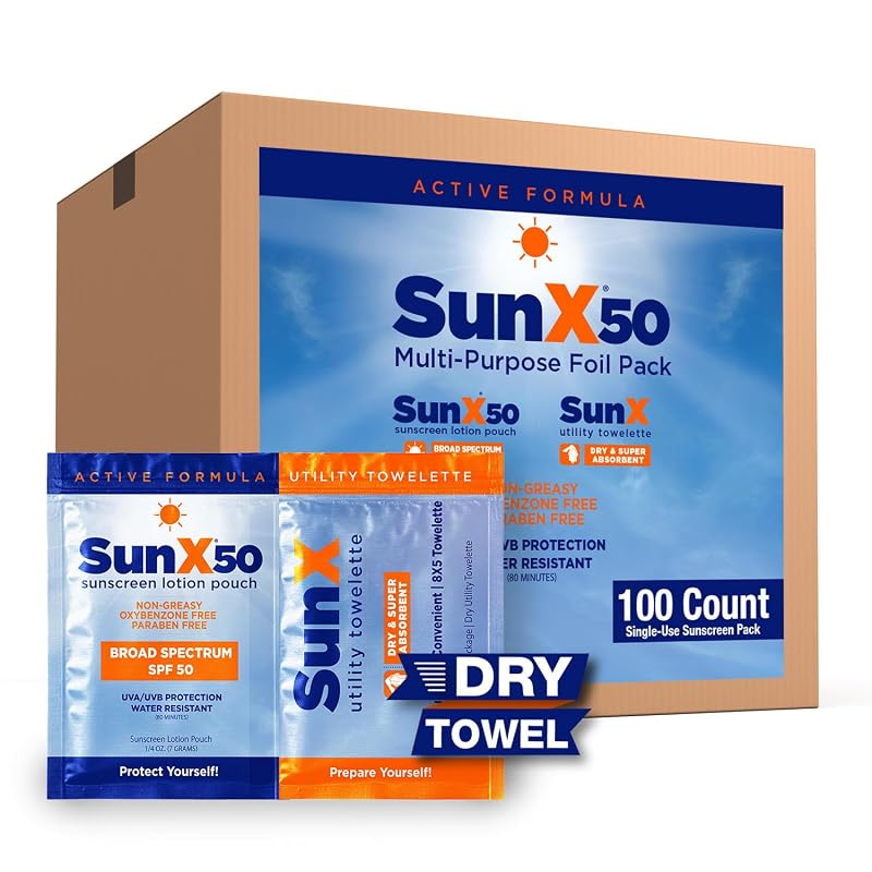 Protetor solar corporal CoreTex Sun X 50 com toalhas secas, FPS 50, Pacote com 100