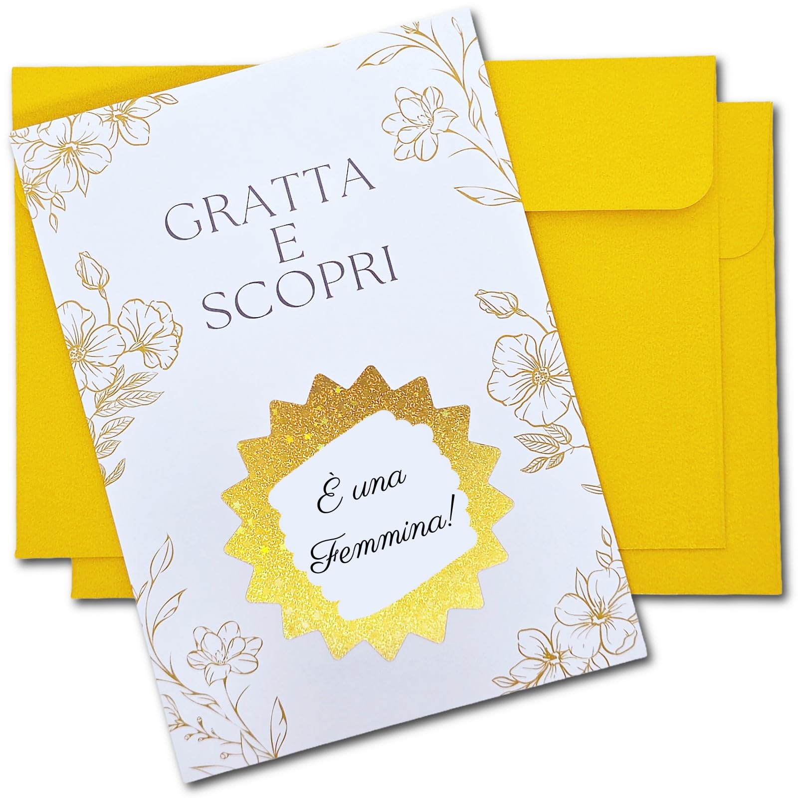 Gratta e vinci Gender Reveal Set da 2 con buste dorate – Idea originale annuncio sesso bebè con bollino dorato – Sorpresa Fiocco Rosa