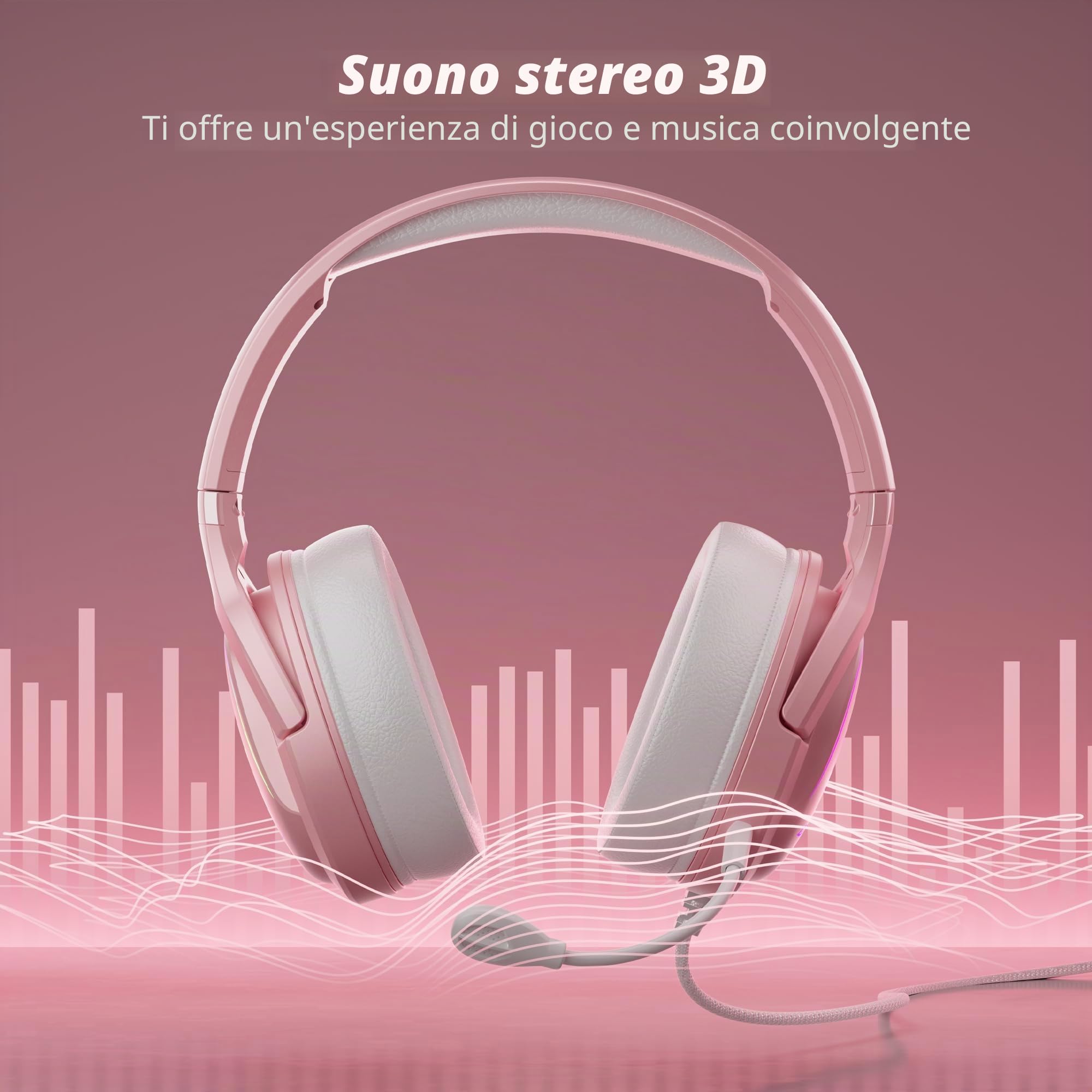Mytrix Cuffie rosa con LED RGB che si illuminano carine cuffie per bambini cablate con microfono, cuffie regolabili over-ear per ragazze, cuffie per interruttore/PC/telefono/iPad/studio/viaggi