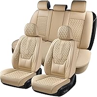 Coverado Nappa Leather Car Seat Covers Full Set, Waterproof with Lumbar Support, Universal Fit for Cars SUVs Trucks (Beige)